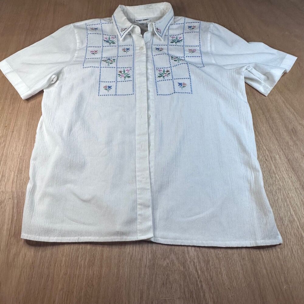 Alfred Dunner Embroidered Blouse 16 White Floral Short Sleeve Fall Top
